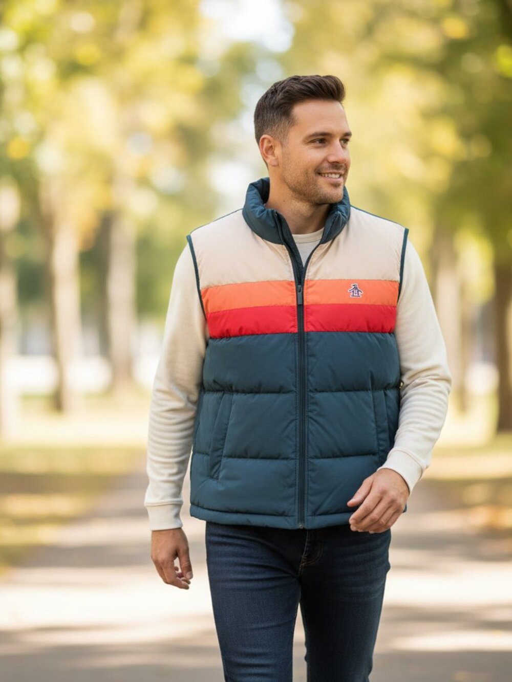Original Penguin Colorblock Puffer Vest Navy Orange